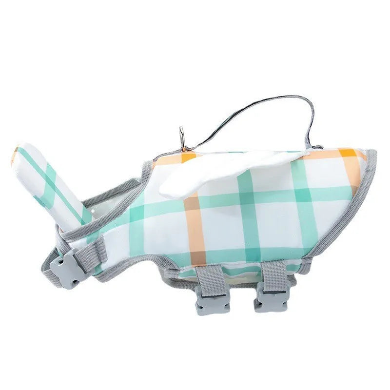 Chaleco salvavidas duradero para mascotas para nadar en verano con estampado a cuadros blanco y verde claro.