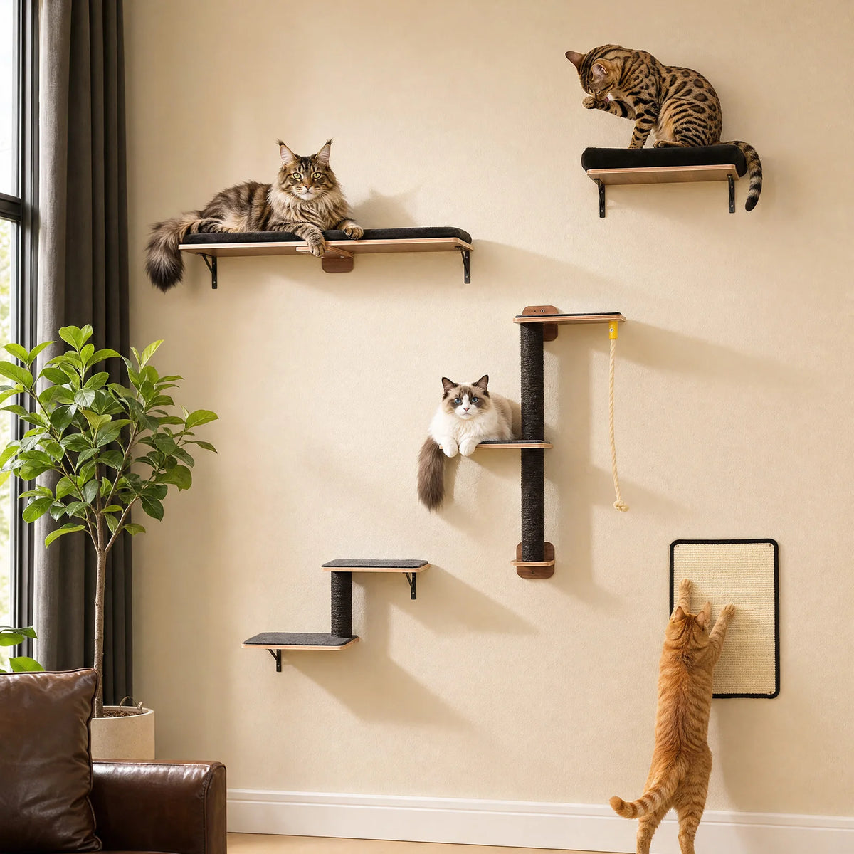 A wall-mounted cat climbing set featuring multiple modular shelves and a tiger figurine on a beige wall.