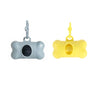 A bone-shaped dog waste bag dispenser in gray and yellow colors.