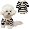 A white poodle wearing a navy and white striped breathable cooling vest dog hoodie.