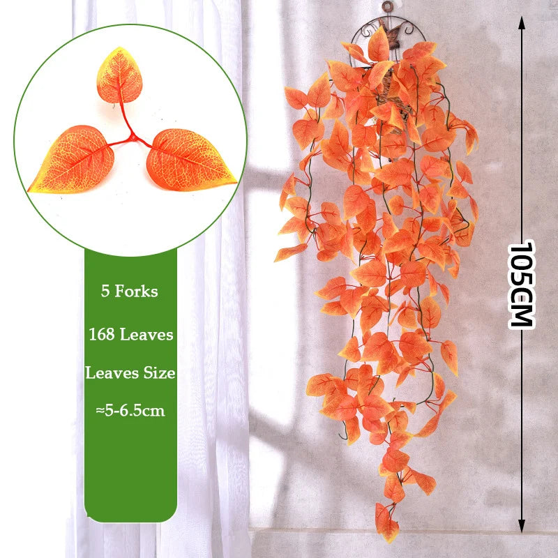An artificial orange ivy wall hanging vine with 5 forks and 168 leaves, measuring 105cm long.