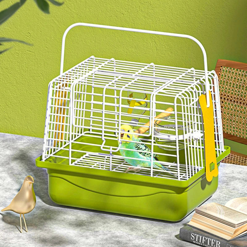 A bright lime green portable bird carrier bag with a white wire cage and perch, resting on a light surface.