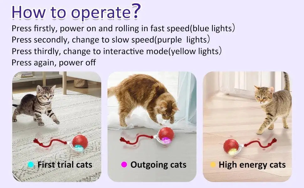Diagram showing how to operate an interactive motion-activated cat toy with different light modes for cats