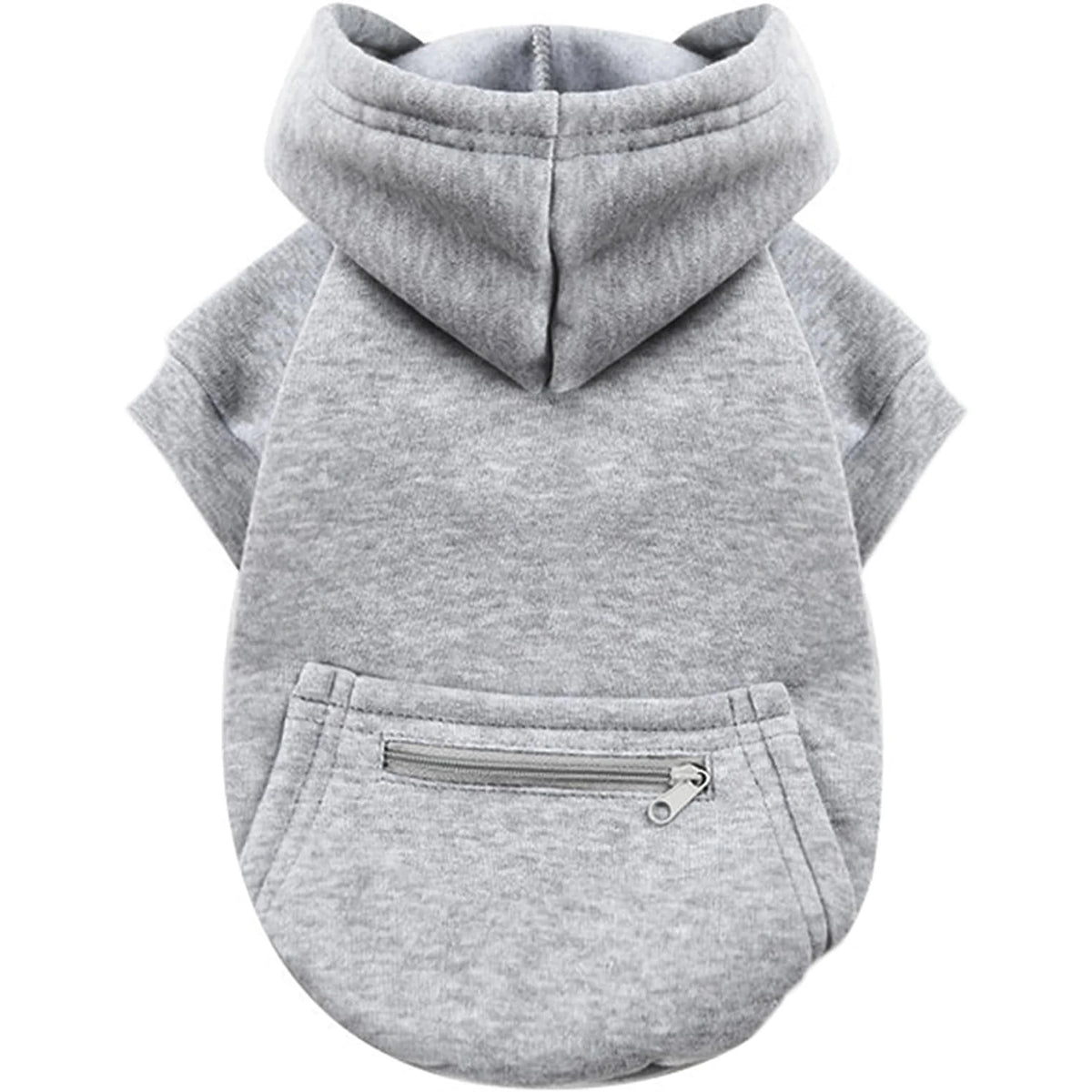 A gray dog and cat zippered hoodie with a hood and a front pocket.