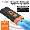 A black ultrasonic dog repellent device with flashing lights and a dual frequency output.