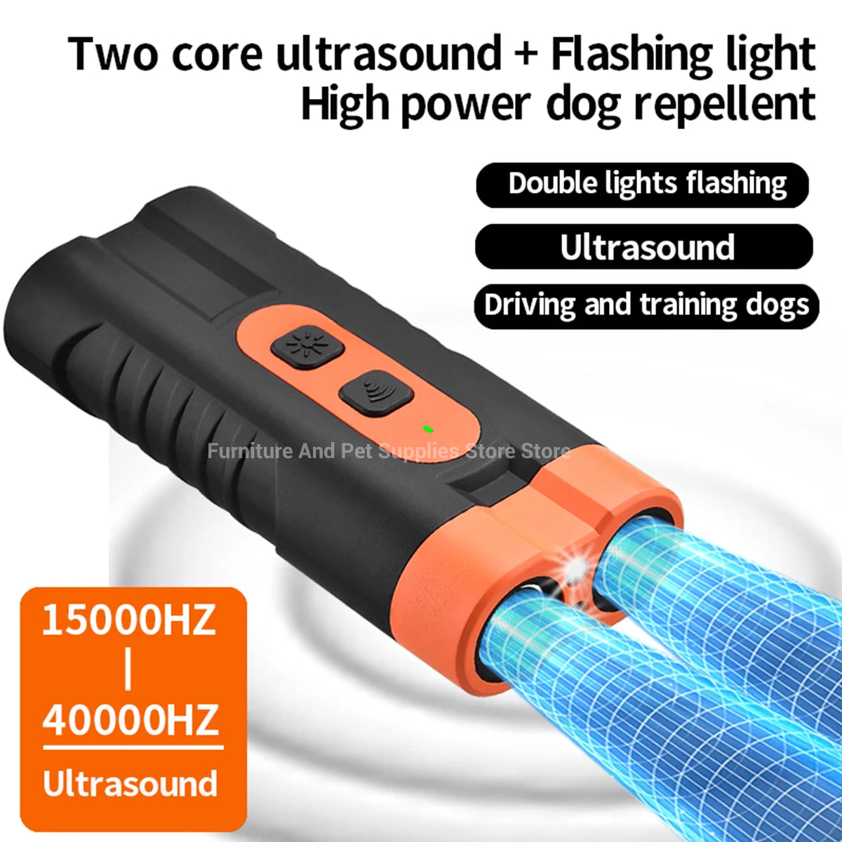 A black ultrasonic dog repellent device with flashing lights and a dual frequency output.
