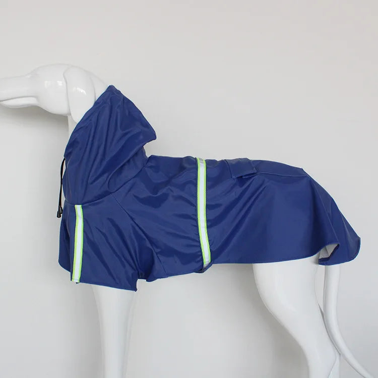 A royal blue waterproof dog raincoat with neon yellow trim displayed on a white mannequin.