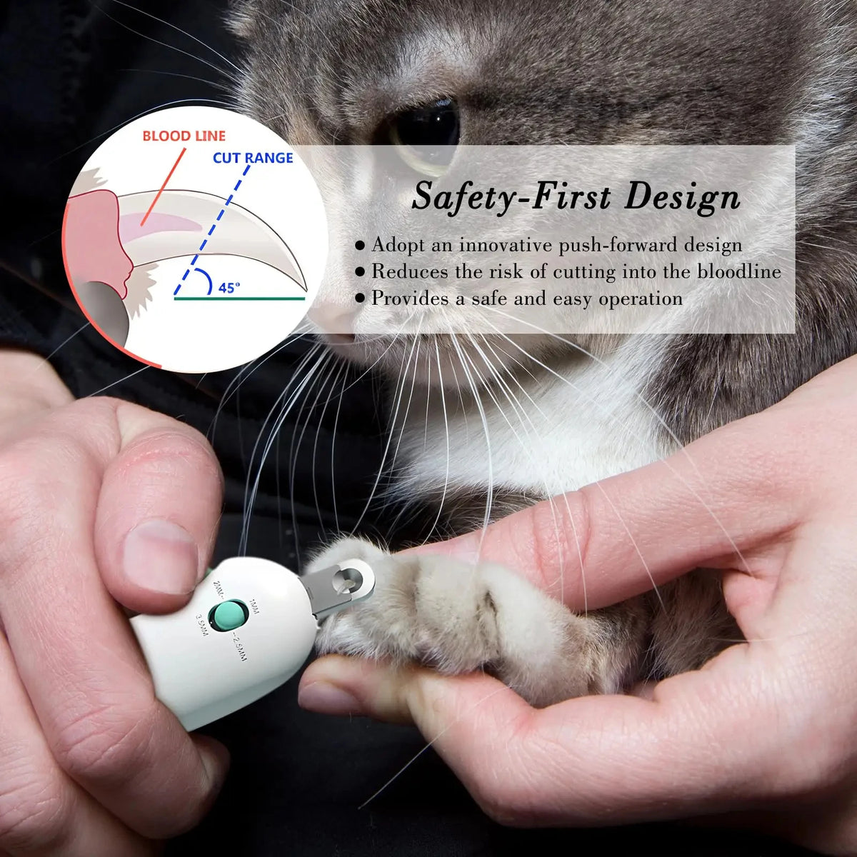 Eine Hand hält eine professionelle Nagelschere für Tiernägel, entwickelt für den sicheren Einsatz an Katzenkrallen.