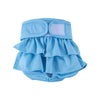 Light blue reusable washable dog diapers with ruffled edges and a pink accent patch