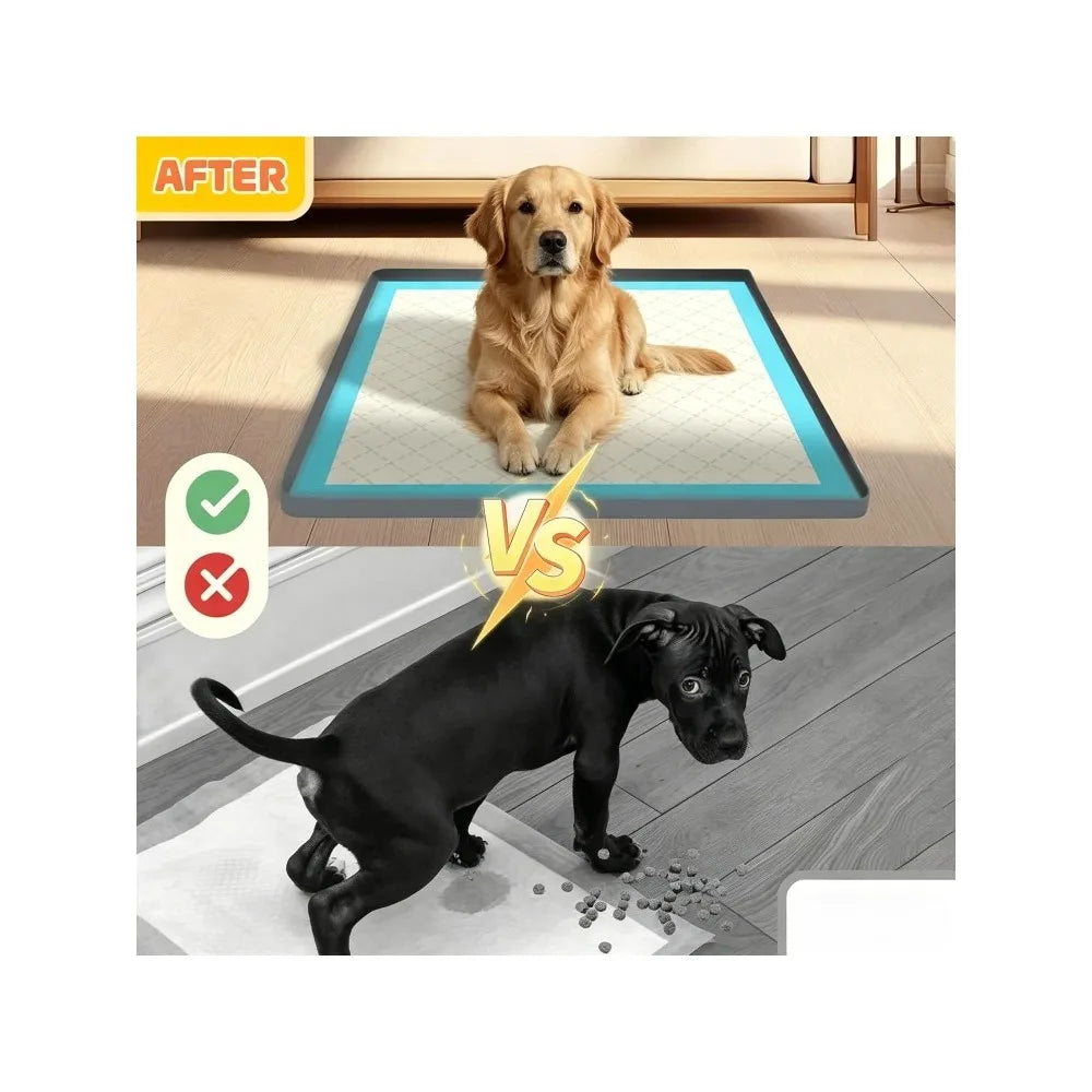 Comparison image showing a golden retriever on a silicone training pad versus a black puppy.