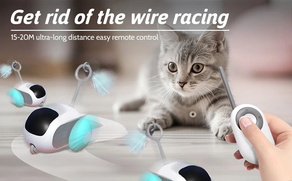 A cat is interacting with an electronic wire racing toy for pets, demonstrating its remote control function.