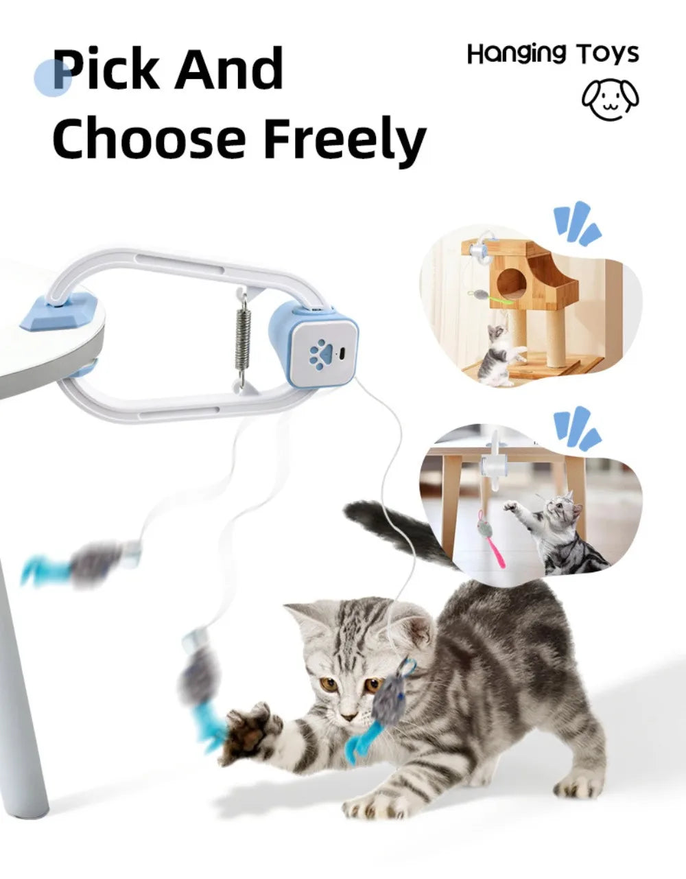Graue Streifkatze spielt mit einem blauen Spielzeug, das die Auswahlfunktion einer automatischen katzenartigen Spielzeit zeig