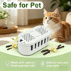 A white automatic cat litter box deodorizer is shown next to an orange tabby cat and some dried flowers.