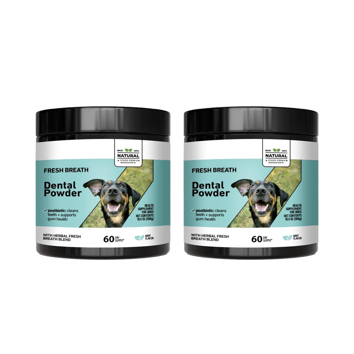 Two jars of Natural Fresh Breath Dental Powder for dogs and cats with a green label