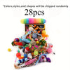 A bundle of 28 assorted colorful yarn, string, and fabric shapes for cat play toys.
