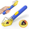 A hand holds a yellow and blue portable handheld insect catcher with a clear plastic collection chamber.