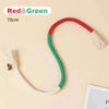 A red and green cotton rope cat teaser toy with fluffy ends is displayed on a light background.