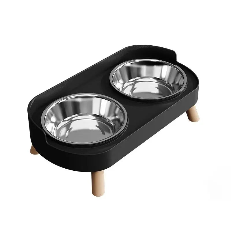 Black stainless steel double bowl for dogs and cats with wooden stand