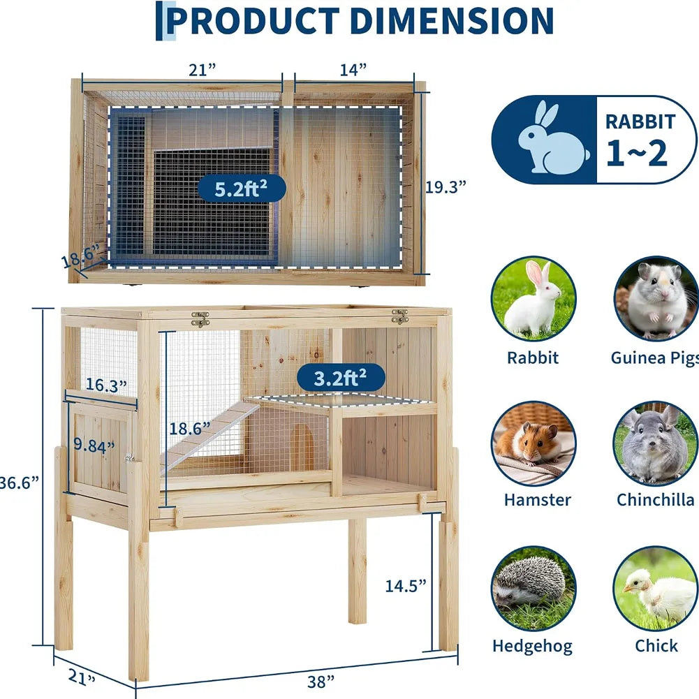 A two-story wooden guinea pig cage with a stand and ramp, showing dimensions and rabbit/hamster habitats.