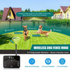 A portable pet training collar with adjustable vibration and shock intensity levels is shown outdoors on a green lawn.
