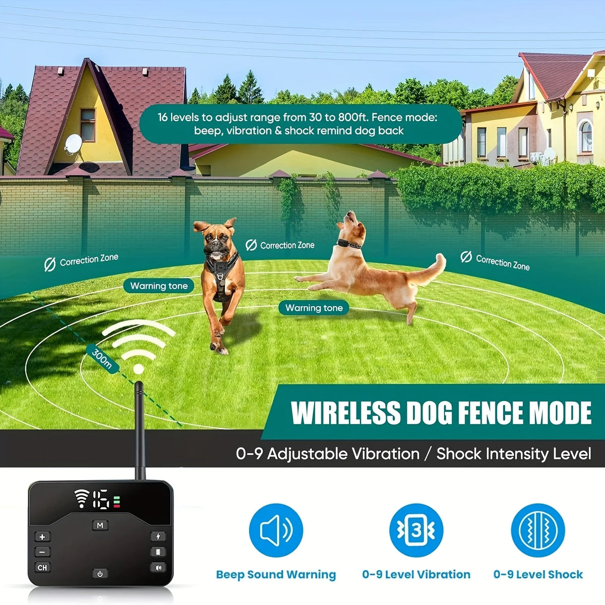 A portable pet training collar with adjustable vibration and shock intensity levels is shown outdoors on a green lawn.