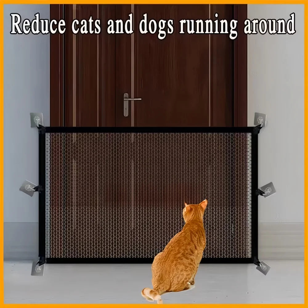 A heavy duty foldable pet gate and barrier fence with a mesh panel and an orange cat running in front of it.