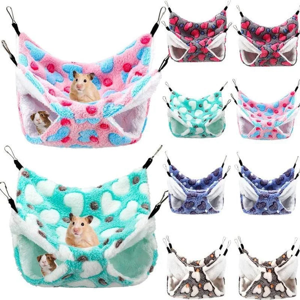 A collection of cozy double-layer fleece hammocks for small pets in various colors and patterns.