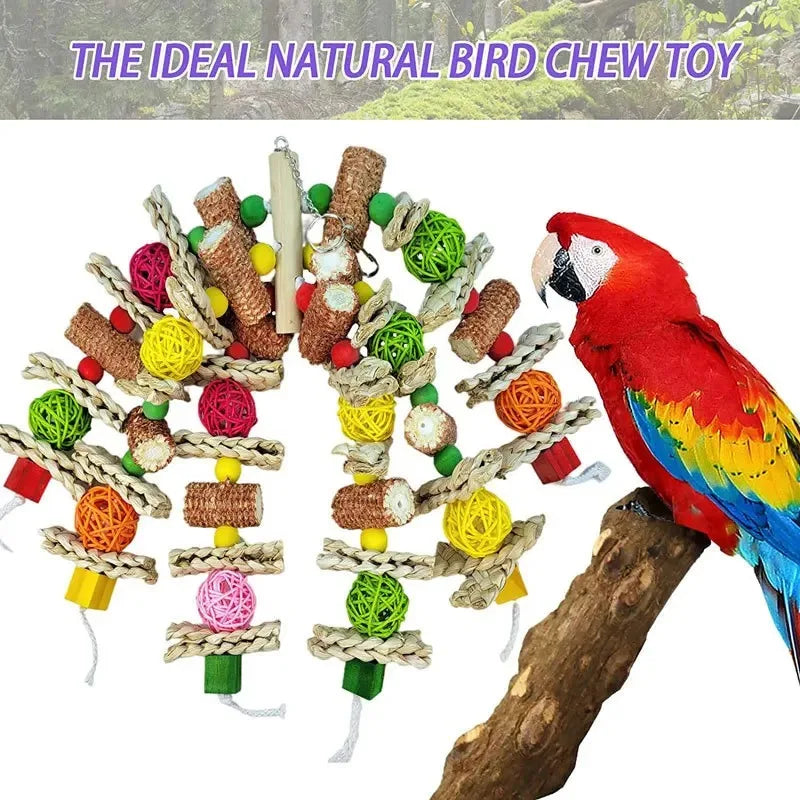 A colorful natural bird chew toy featuring various wooden and natural materials for parrots.