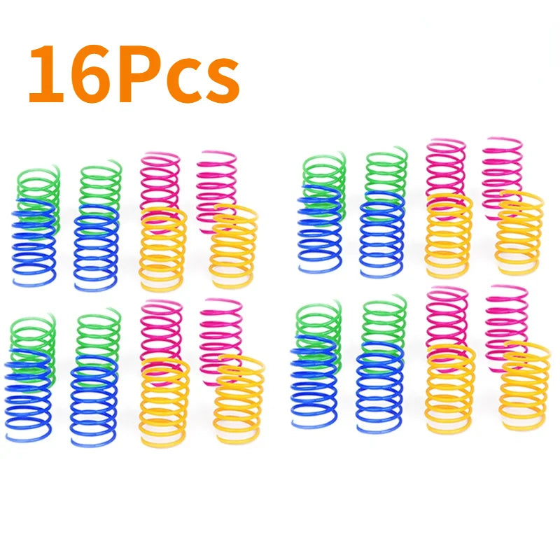 A collection of 16 colorful spiral spring cat toys in various colors like blue, yellow, and orange.