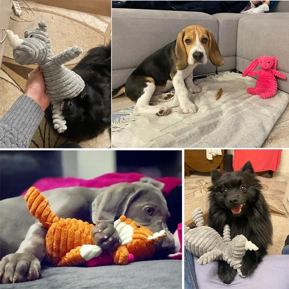 A collection of durable corduroy squeaky dog toys featuring various animal designs like a pink rabbit, a gray elephant, and a
