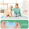 A woman is shown using a blue disposable pet training pad on a light-colored mat, demonstrating its leakproof and tear-free m