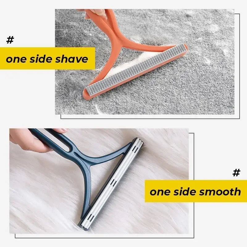 Demonstration of a one side shave and one side smooth using the 2-in-1 pet hair remover and fabric shaver.