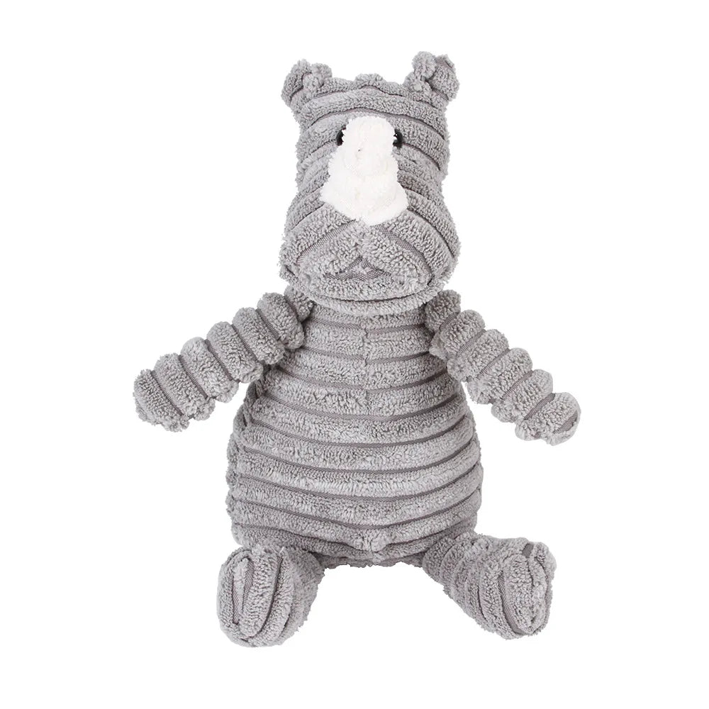 Juguete masticable para perros de goma gris con hocico blanco y cuerpo texturizado.
