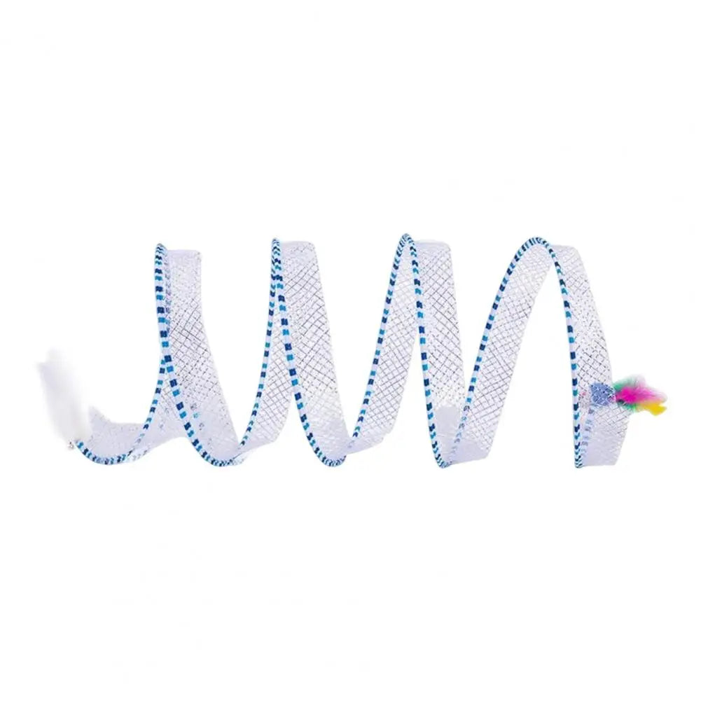 A foldable cat hunting tunnel for indoor play made of mesh fabric with blue accents.
