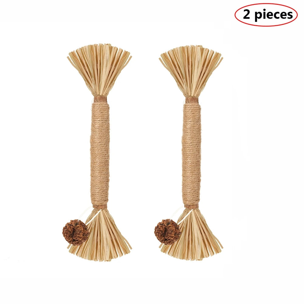 Two natural silvervine cat chews and dental health toys made of light tan fiber rope.