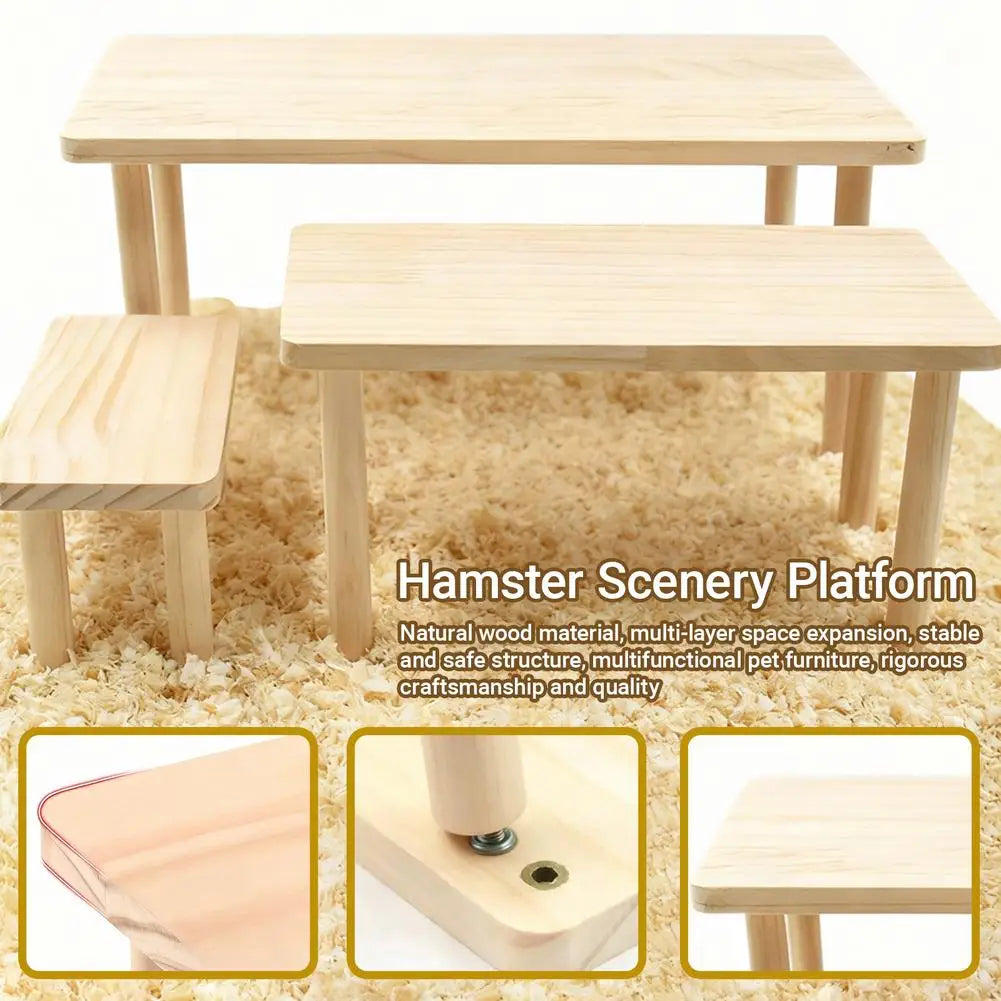 A light wood hamster scenery platform featuring a multi-layer structure for climbing and safe habitat.