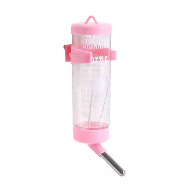 Pink hanging drinker bottle for small pets with a clear tube and dispenser