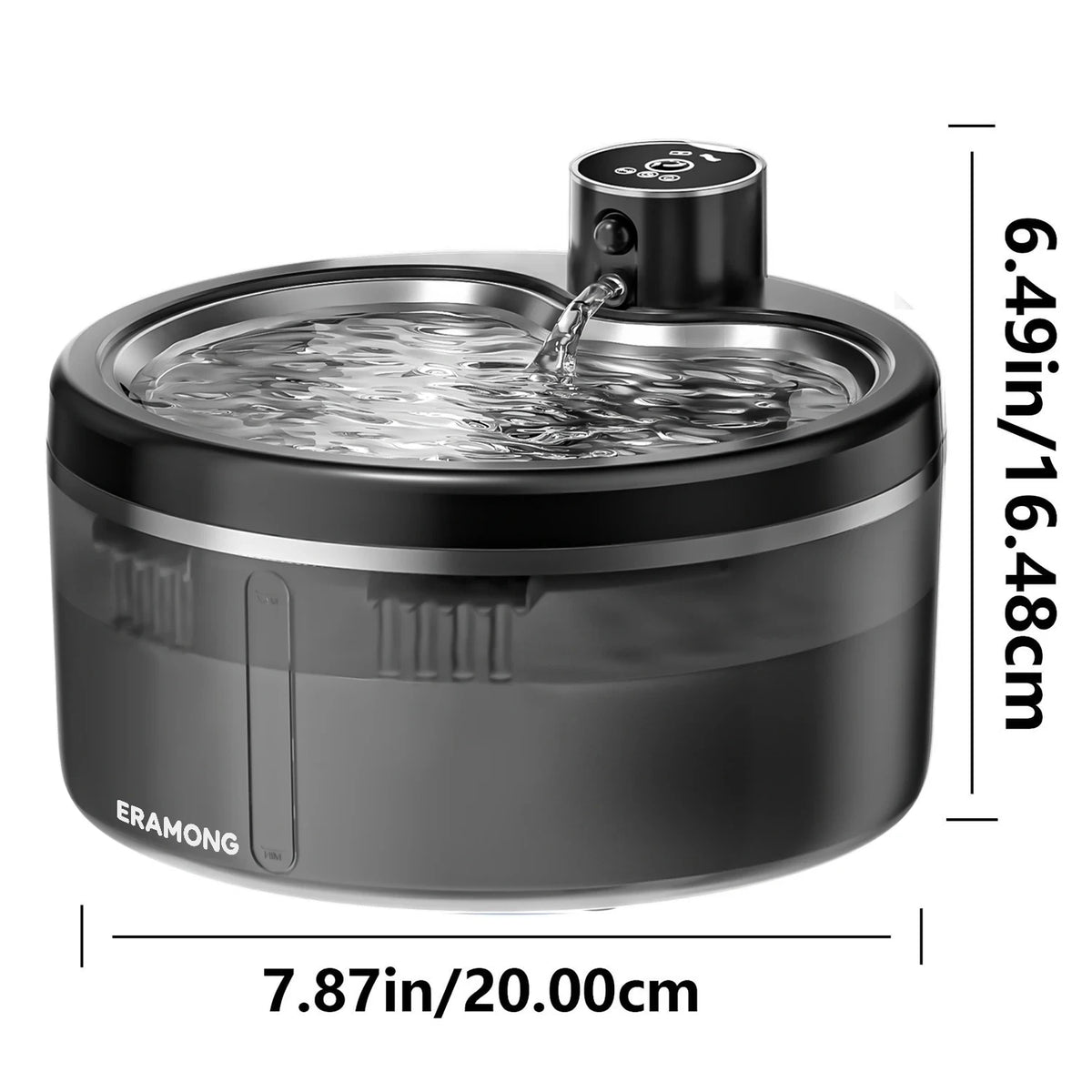 A black stainless steel pet water fountain with a visible water stream and sensor, shown from the top.