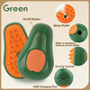A green electric pet grooming brush showing various features like an on/off button, spray outlet, anti-slip particles, and US