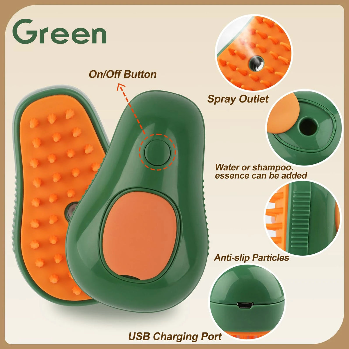 A green electric pet grooming brush showing various features like an on/off button, spray outlet, anti-slip particles, and US