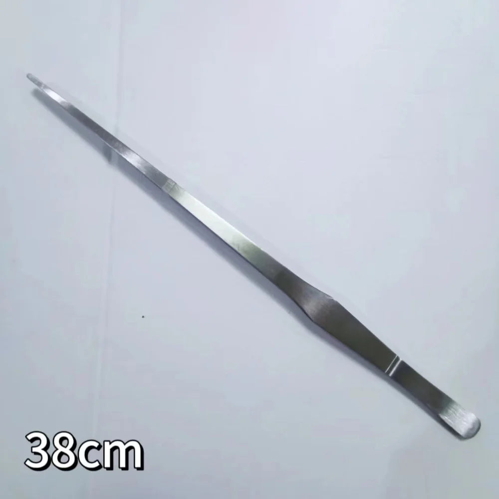 A long, slender stainless steel tool used for handling aquarium plants.