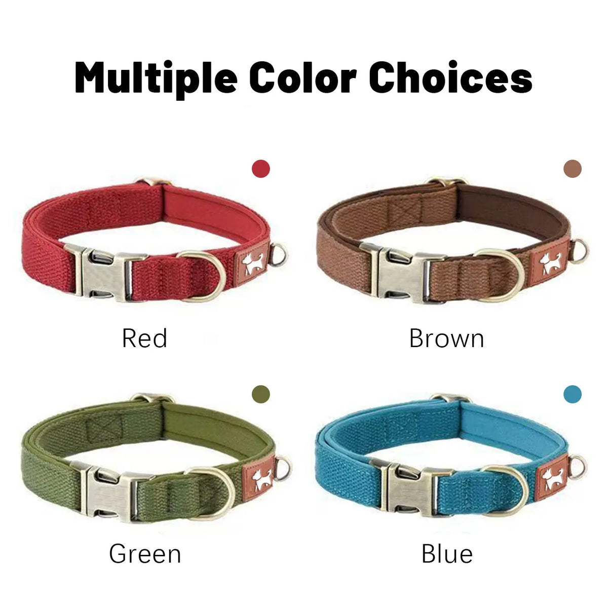 Four different colored dog collars: red, brown, green, and blue, shown flat.