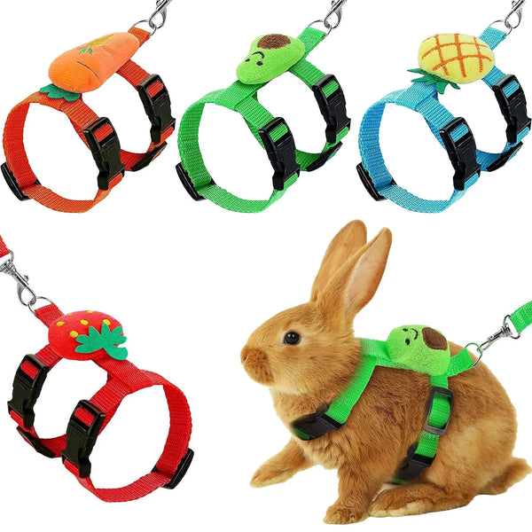 A set of adjustable bunny pet harnesses and leashes, featuring orange, green, and blue colors.