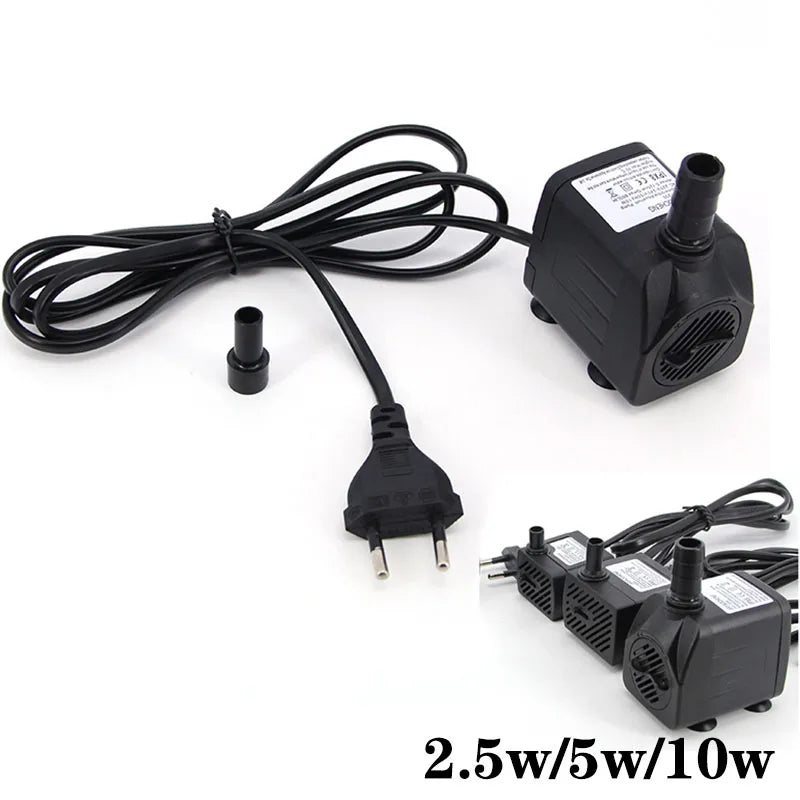 Pompe submersive noire avec cordon et multiples connecteurs de sortie pour aquariums et fontaines
