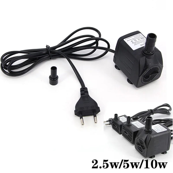 Black submersible water pump with a cord and multiple output connectors for aquariums and fountains