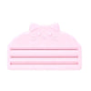 A pink reusable cat food pouch scraper shaped like a cat's head.