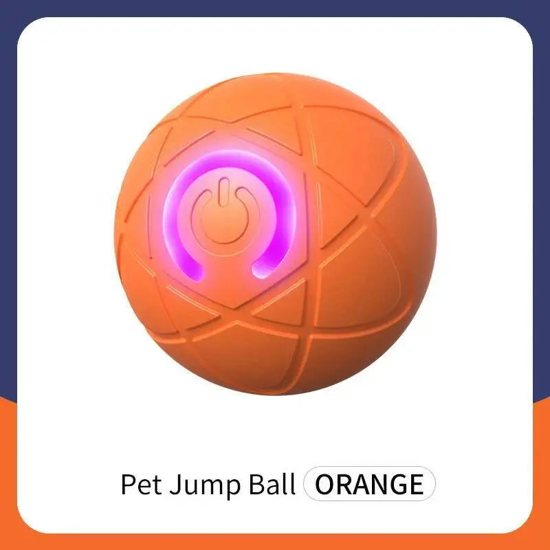 Oranger interaktiver Hund-Sprungball mit leuchtend violetter Schalter auf der Oberfläche