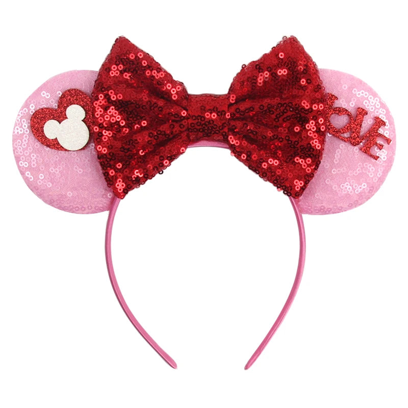 Rosa Stirnband mit roter Paillettenbinde und Mickey-Ohren für Mädchen