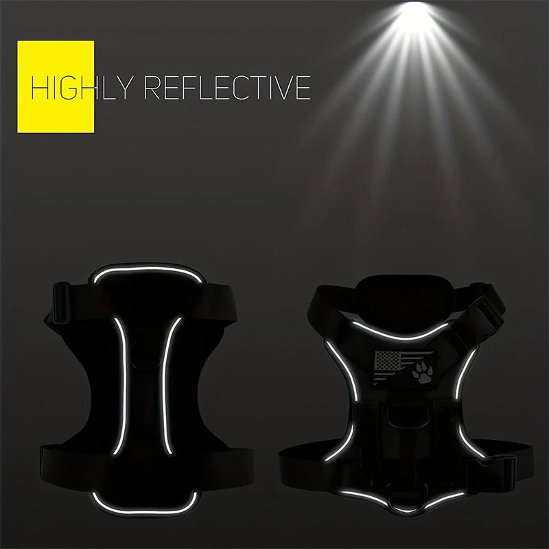 A black reflective service dog harness is shown against a dark background with bright light rays.