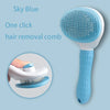 A light blue hair removal comb with a white handle is shown next to an inset image of the brush head.